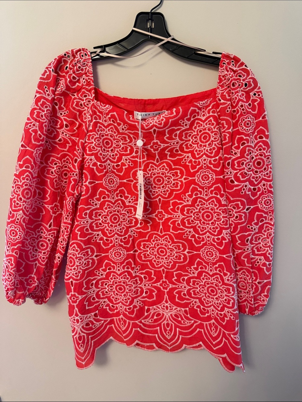 Trina Turk Coral Red Floral Embroidered Peasant Blouse